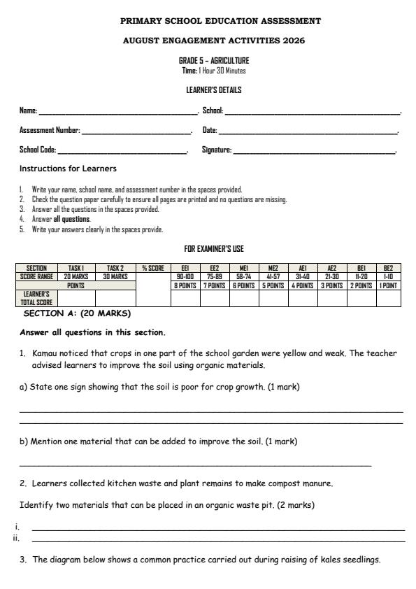 Page 1 – Grade 5 Agriculture August 2026 Holiday Assignment  – Kenyaplex