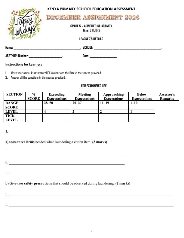 Page 1 – Grade 5 Agriculture December 2026 Holiday Assignment – Kenyaplex