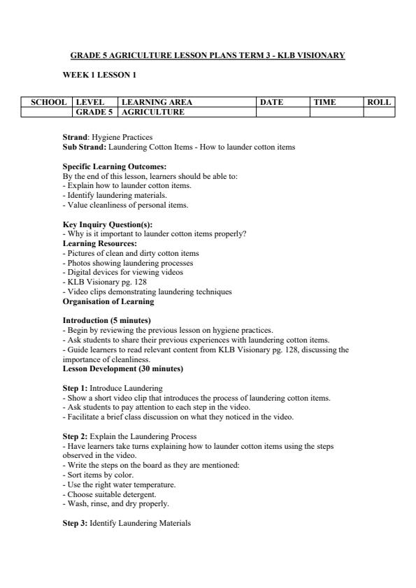 Page 1 – Grade 5 Agriculture Lesson Plans Term 3 - KLB Visionary – Kenyaplex