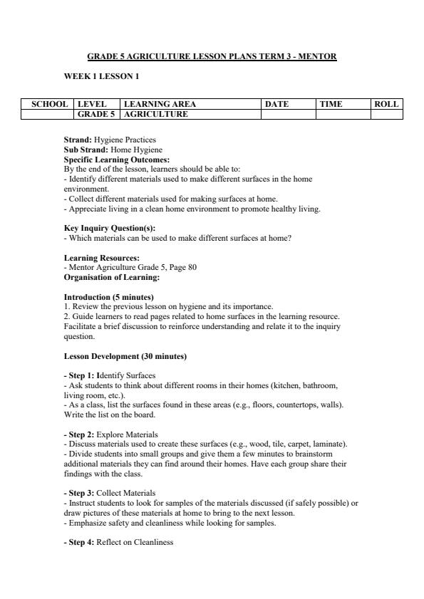 Page 1 – Grade 5 Agriculture Lesson Plans Term 3 - Mentor – Kenyaplex