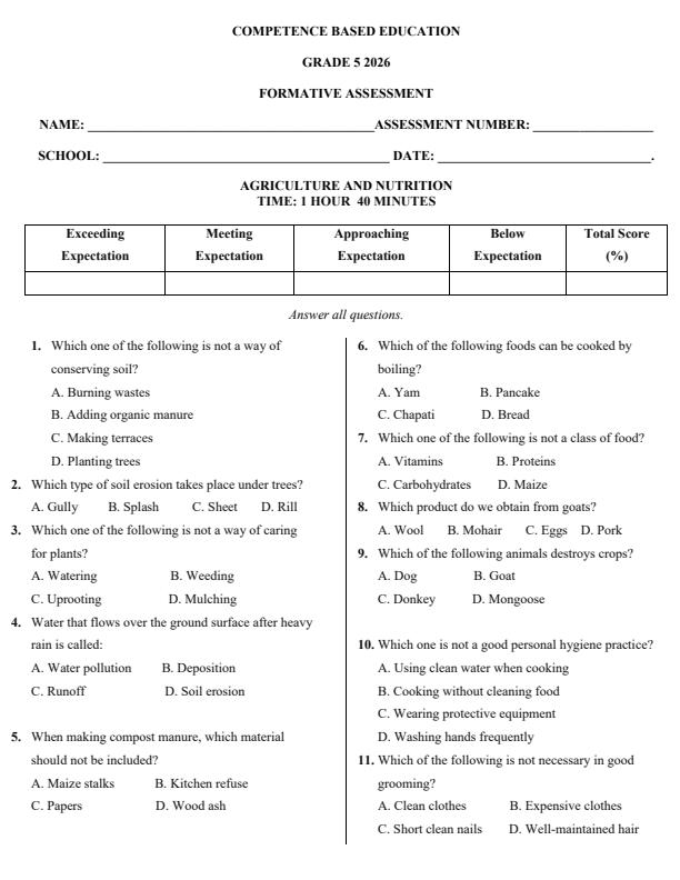 Page 1 – Grade 5 Agriculture and Nutrition April 2026 Holiday Assignment – Kenyaplex