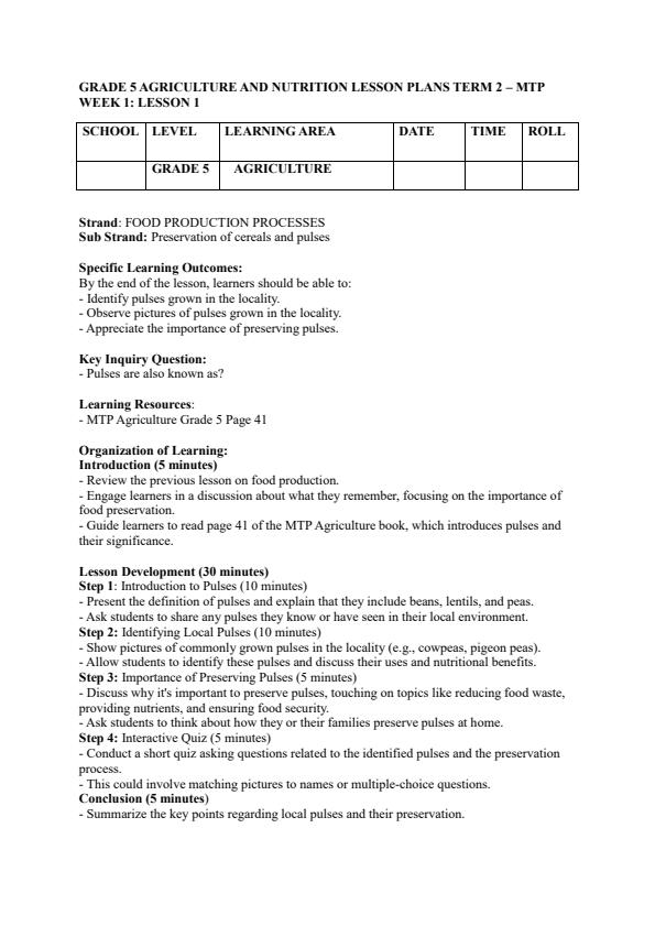 Page 1 – Grade 5 Agriculture and Nutrition Lesson Plans Term 2 - MTP – Kenyaplex