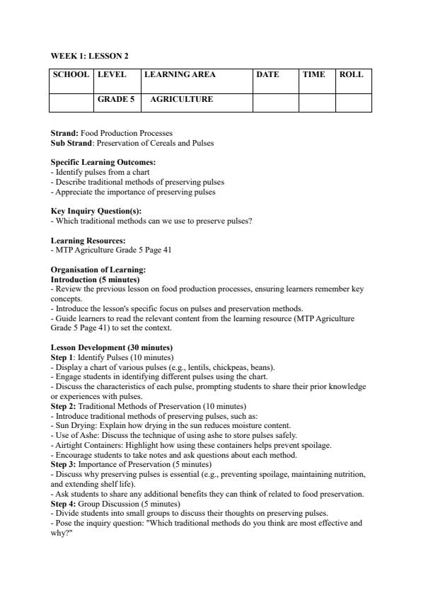 Page 3 – Grade 5 Agriculture and Nutrition Lesson Plans Term 2 - MTP – Kenyaplex