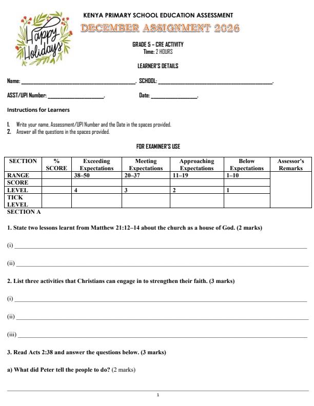 Page 1 – Grade 5 CRE December 2026 Holiday Assignment – Kenyaplex