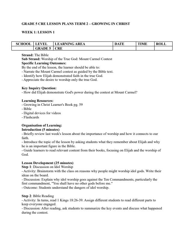 Page 1 – Grade 5 CRE Lesson Plans Term 2 - Growing in Christ – Kenyaplex