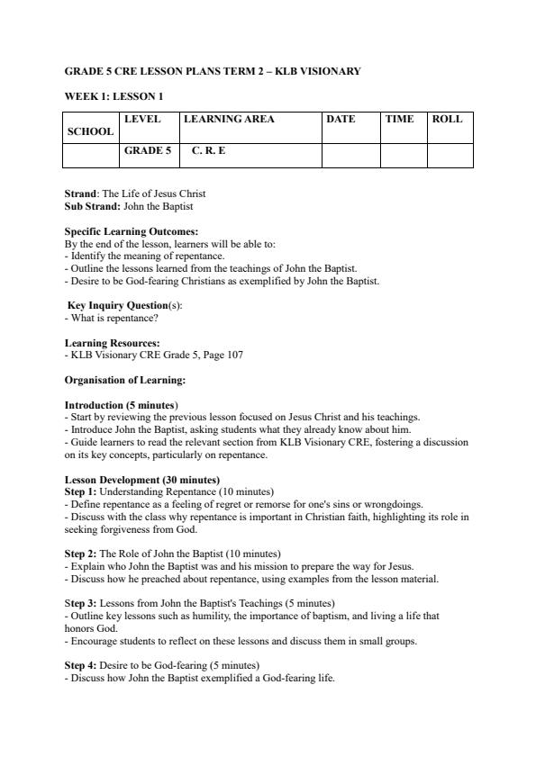 Page 1 – Grade 5 CRE Lesson Plans Term 2 - KLB Visionary – Kenyaplex