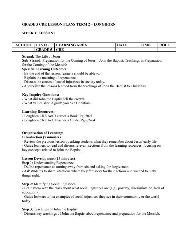 Page 1 – Grade 5 CRE Lesson Plans Term 2 - Longhorn – Kenyaplex