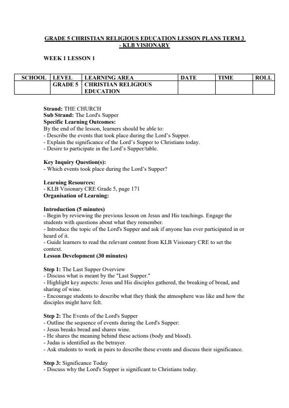 Page 1 – Grade 5 CRE Lesson Plans Term 3 - KLB Visionary – Kenyaplex