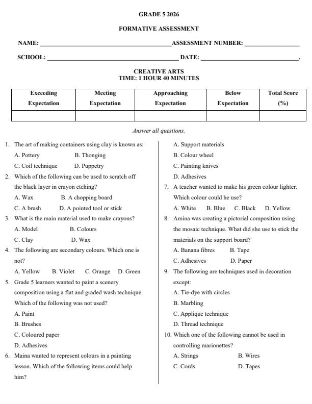 Page 1 – Grade 5 Creative Arts April 2026 Holiday Assignment – Kenyaplex