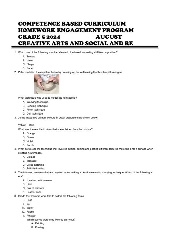 Page 1 – Grade 5 Creative Arts August 2024 Holiday Assignment – Kenyaplex