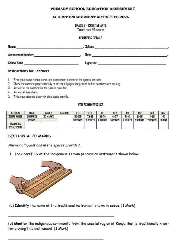 Page 1 – Grade 5 Creative Arts August 2026 Holiday Assignment – Kenyaplex