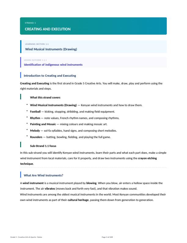 Page 3 – Grade 5 Creative Arts Complete Lesson Notes Term 1, Term 2 and Term 3 – Kenyaplex