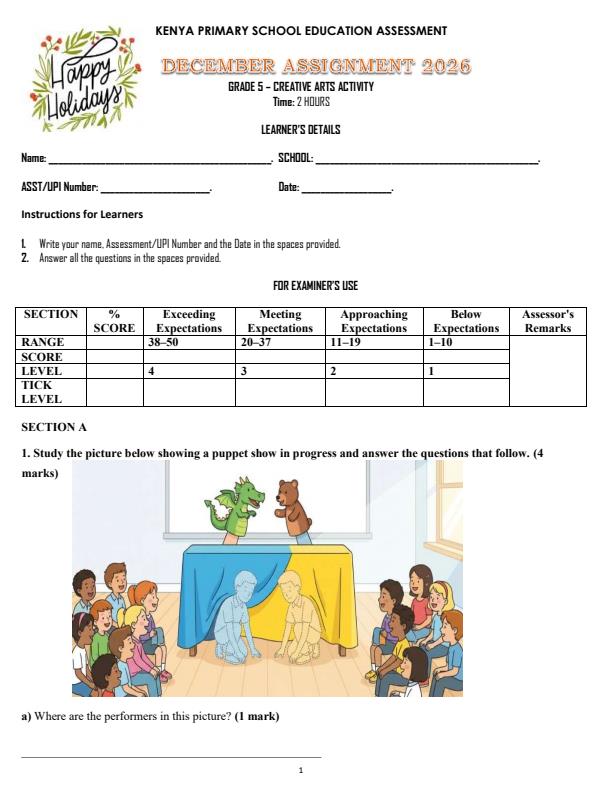 Page 1 – Grade 5 Creative Arts December 2026 Holiday Assignment – Kenyaplex