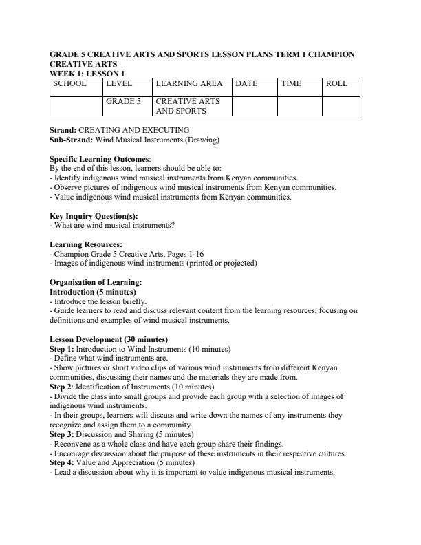 Page 1 – Grade 5 Creative Arts and Sports Lesson Plans Term 1 - Champion Creative Arts – Kenyaplex