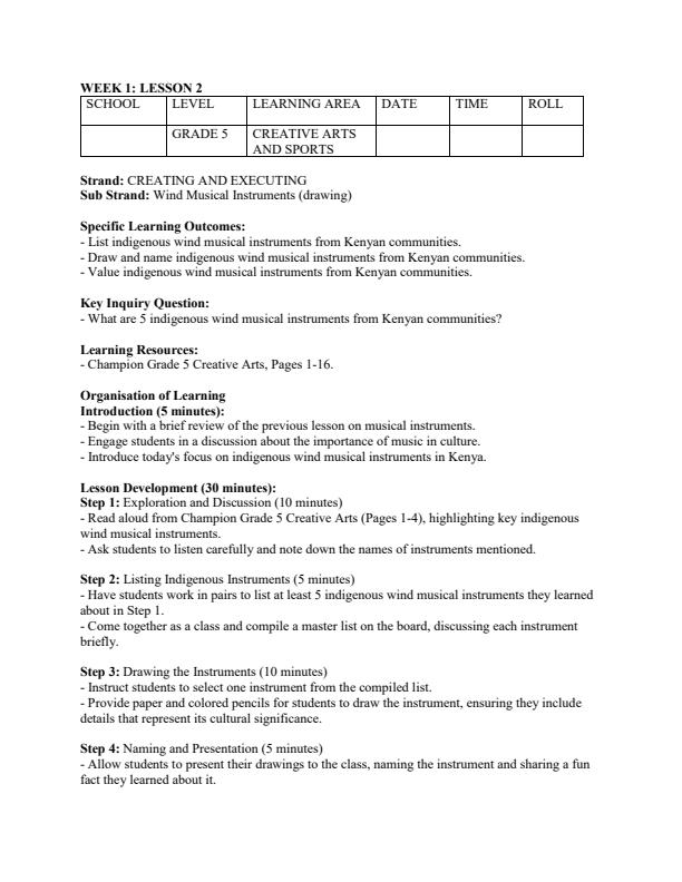 Page 3 – Grade 5 Creative Arts and Sports Lesson Plans Term 1 - Champion Creative Arts – Kenyaplex