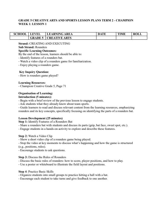 Page 1 – Grade 5 Creative Arts and Sports Lesson Plans Term 2 - Champion Creative Arts – Kenyaplex