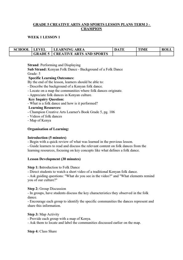 Page 1 – Grade 5 Creative Arts and Sports Lesson Plans Term 3 - Champion – Kenyaplex