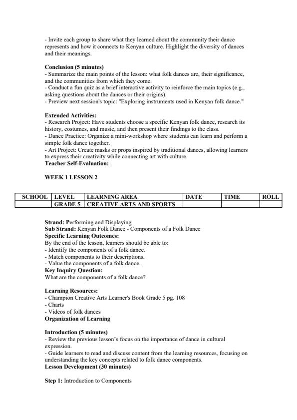 Page 2 – Grade 5 Creative Arts and Sports Lesson Plans Term 3 - Champion – Kenyaplex