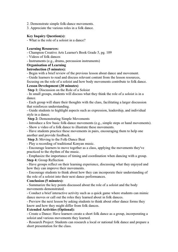 Page 4 – Grade 5 Creative Arts and Sports Lesson Plans Term 3 - Champion – Kenyaplex