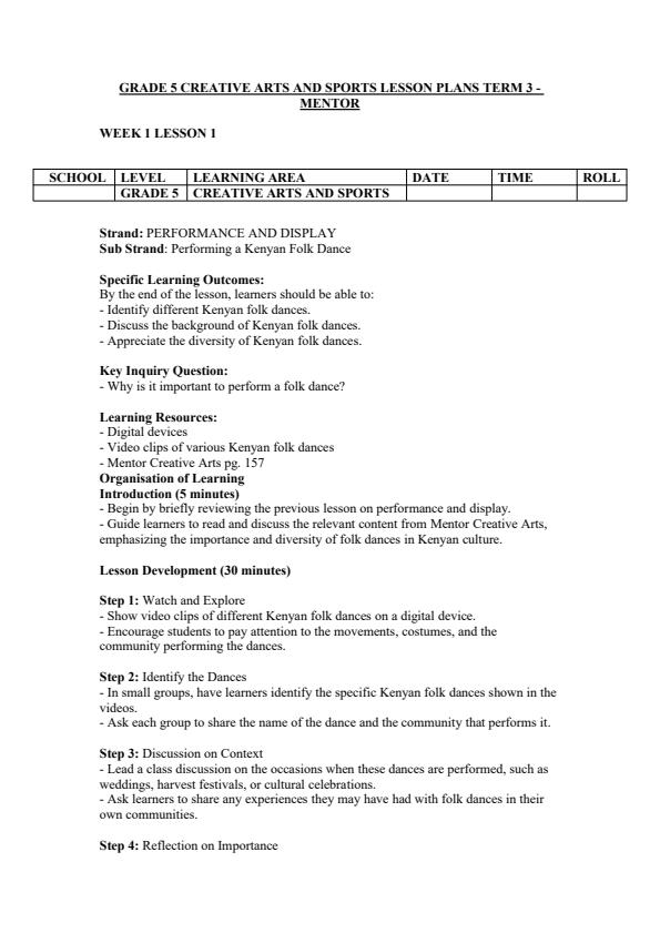 Page 1 – Grade 5 Creative Arts and Sports Lesson Plans Term 3 - Mentor – Kenyaplex