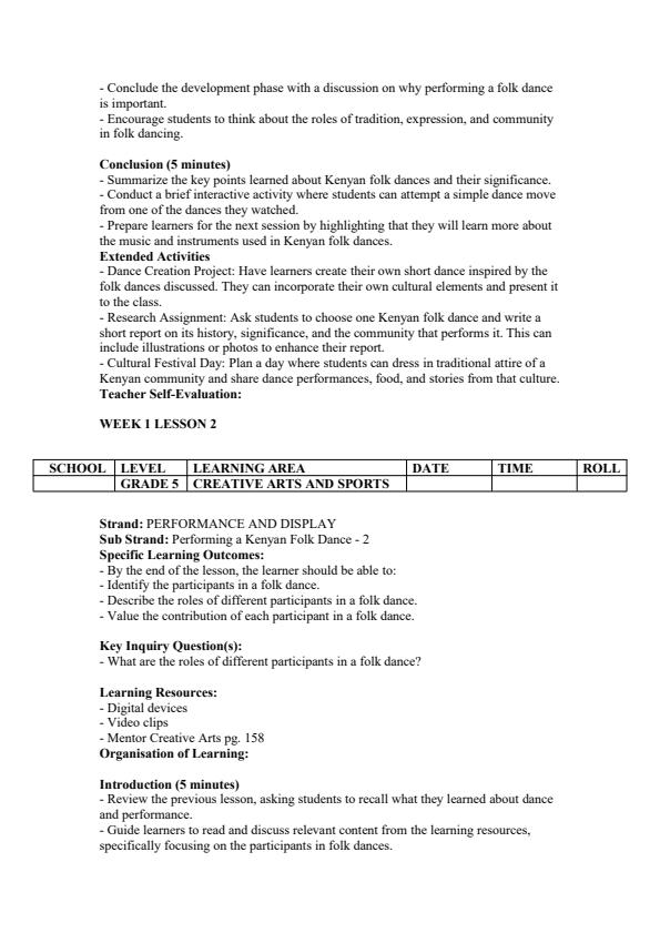 Page 2 – Grade 5 Creative Arts and Sports Lesson Plans Term 3 - Mentor – Kenyaplex
