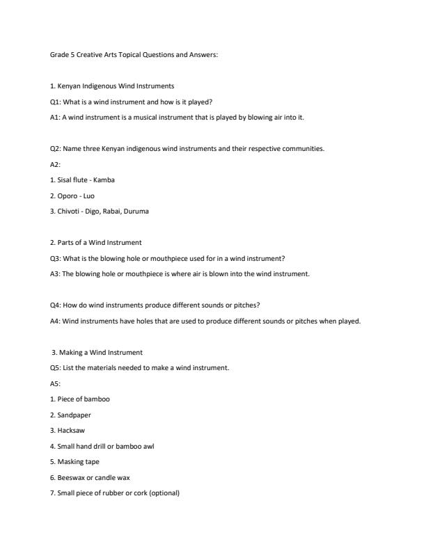 Page 1 – Grade 5 Creative Arts and Sports Sample Topical Questions and Answers – Kenyaplex