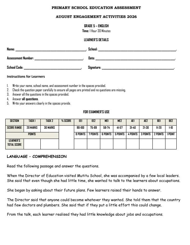 Page 1 – Grade 5 English August 2026 Holiday Assignment  – Kenyaplex