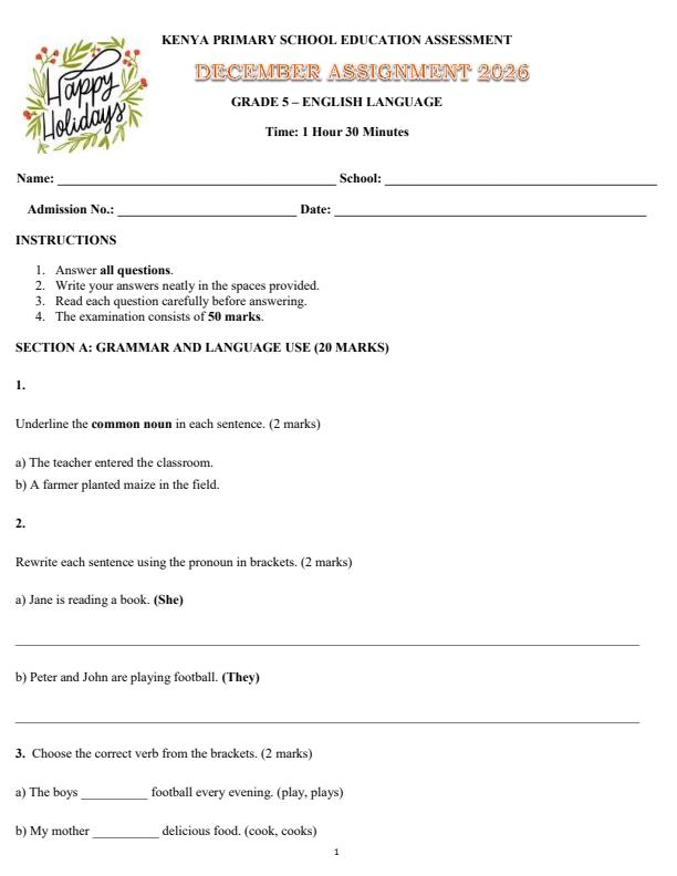 Page 1 – Grade 5 English Grammar December 2026 Holiday Assignment – Kenyaplex