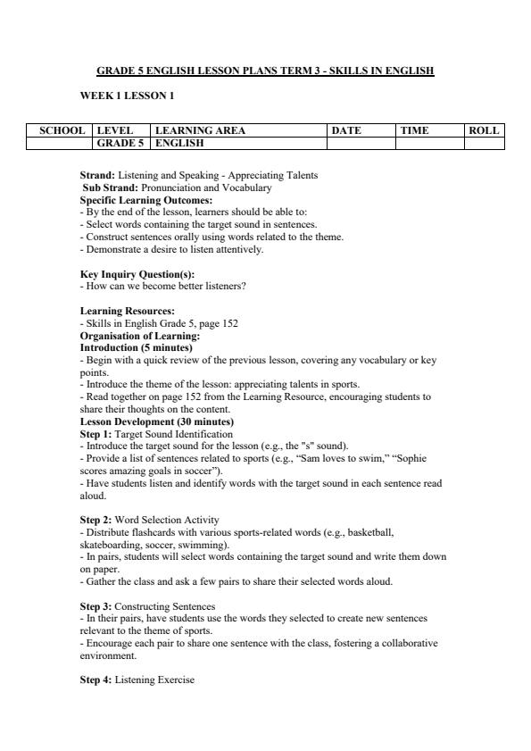 Page 1 – Grade 5 English Lesson Plans Term 3 - Skills in English – Kenyaplex