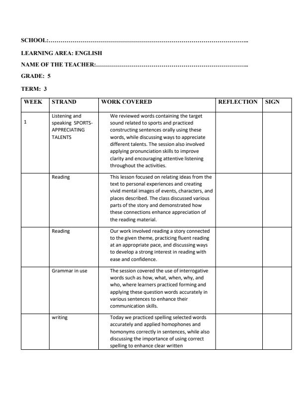Page 1 – Grade 5 English Records of Work Term 3 - Skills in English – Kenyaplex