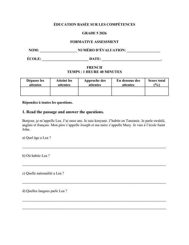 Page 1 – Grade 5 French April 2026 Holiday Assignment – Kenyaplex