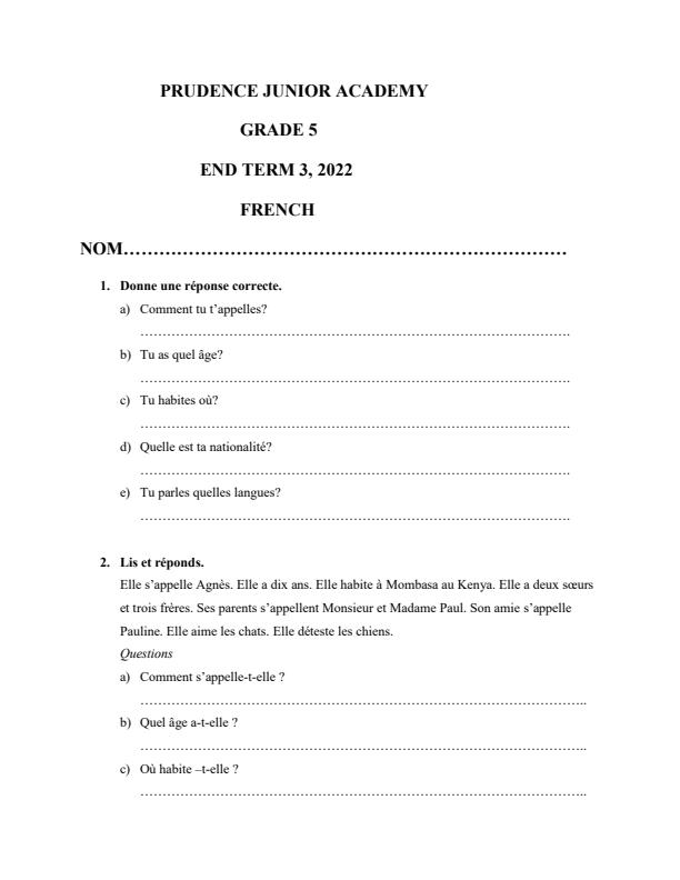 Page 1 – Grade 5 French Assessment  End Term 3, 2022 – Kenyaplex
