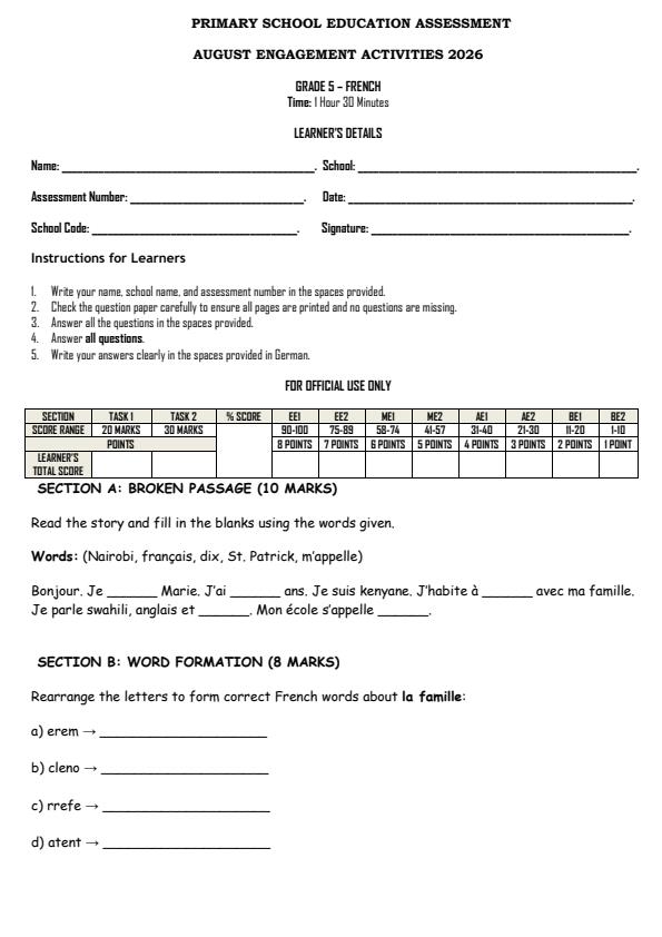 Page 1 – Grade 5 French August 2026 Holiday Assignment – Kenyaplex