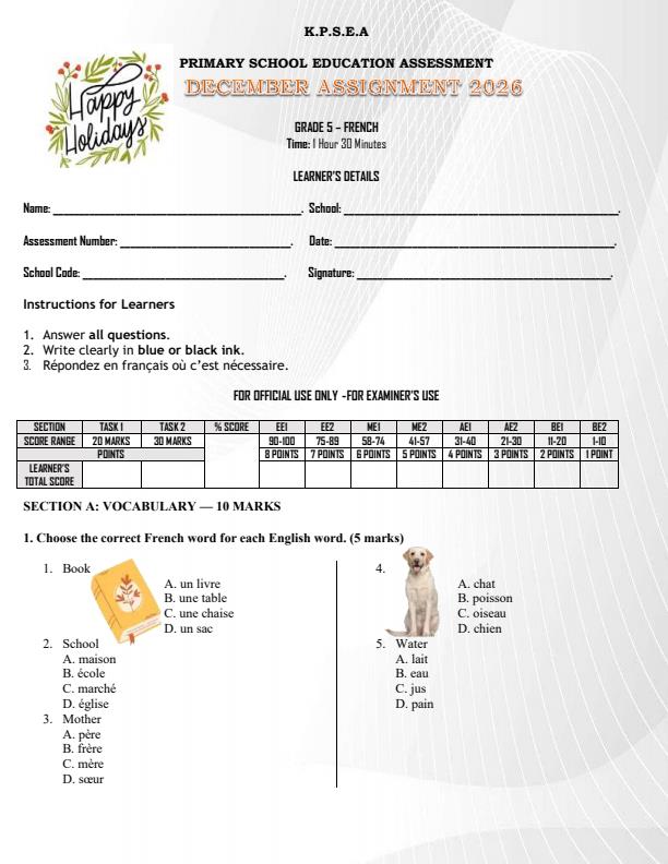 Page 1 – Grade 5 French December 2026 Holiday Assignment – Kenyaplex