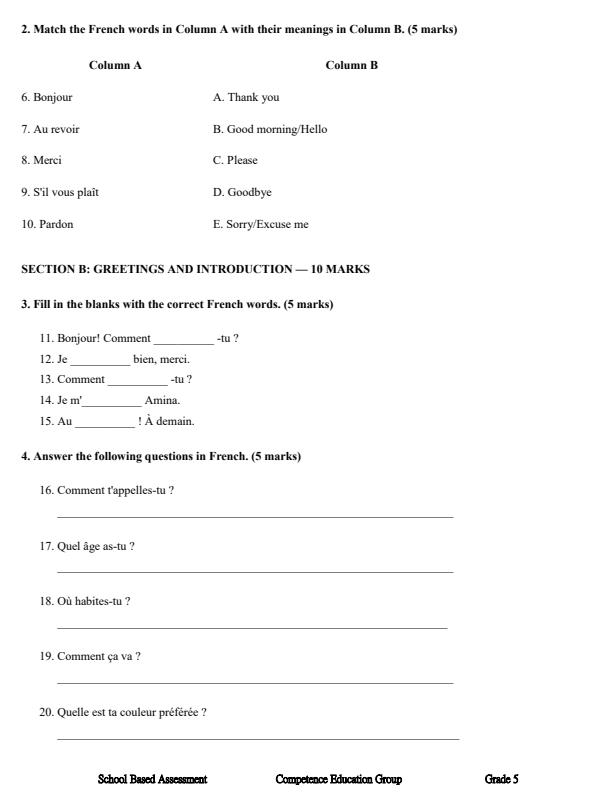 Page 2 – Grade 5 French December 2026 Holiday Assignment – Kenyaplex