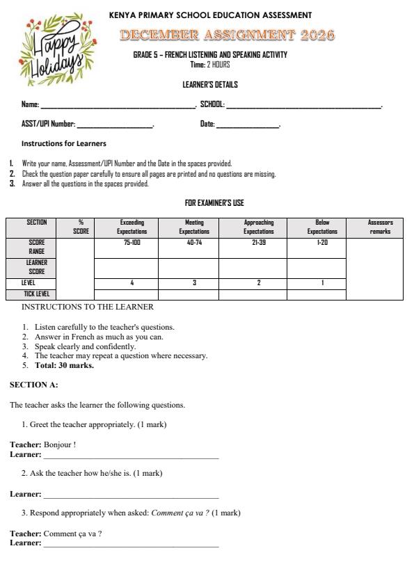 Page 1 – Grade 5 French Listening and Speaking December 2026 Holiday Assessment – Kenyaplex