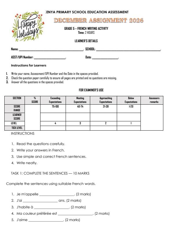 Page 1 – Grade 5 French Writing December 2026 Holiday Assessment – Kenyaplex