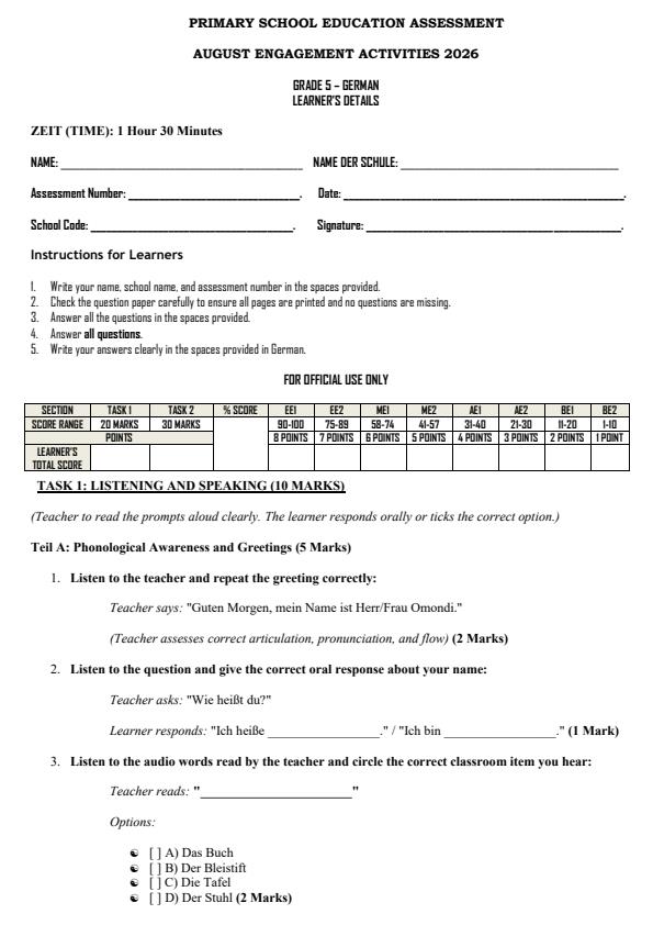 Page 1 – Grade 5 German August 2026 Holiday Assignment – Kenyaplex