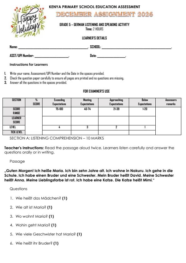 Page 1 – Grade 5 German Listening and Speaking December 2026 Holiday Assignment – Kenyaplex