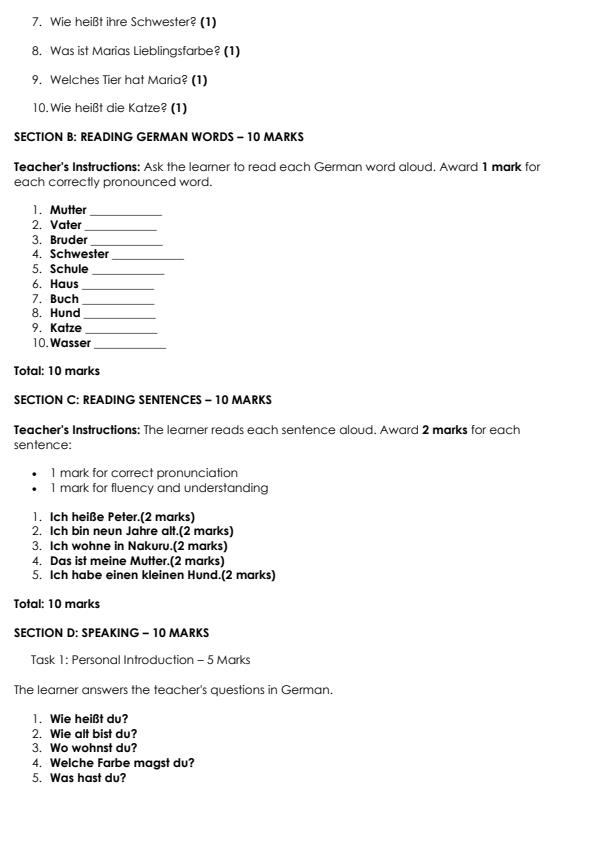 Page 2 – Grade 5 German Listening and Speaking December 2026 Holiday Assignment – Kenyaplex