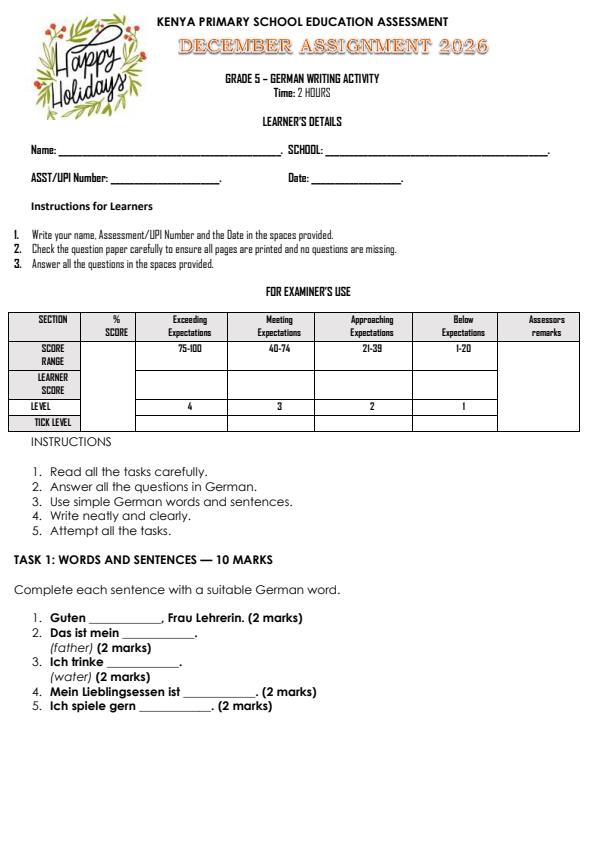 Page 1 – Grade 5 German Writing December 2026 Holiday Assignment – Kenyaplex