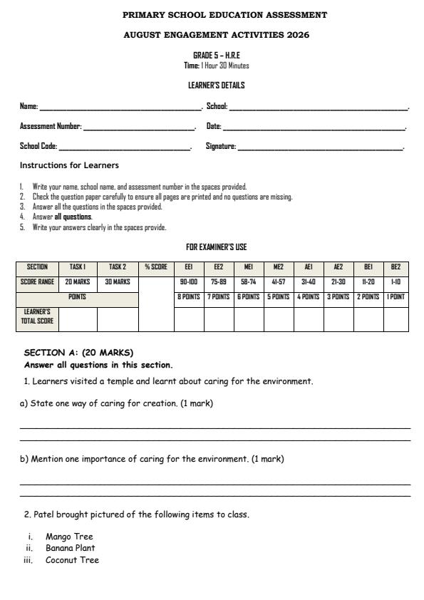 Page 1 – Grade 5 Hindu Religious Education August 2026 Holiday Assignment – Kenyaplex