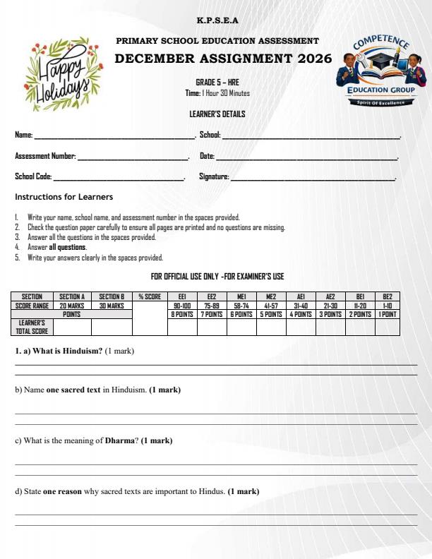 Page 1 – Grade 5 Hindu Religious Education December 2026 Holiday Assignment – Kenyaplex