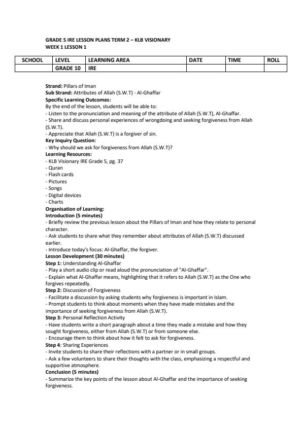 Page 1 – Grade 5 IRE Lesson Plans Term 2 - KLB Visionary – Kenyaplex