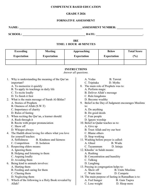 Page 1 – Grade 5 Islamic Religious Education April 2026 Holiday Assignment – Kenyaplex