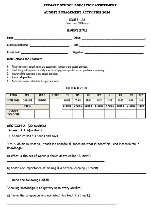 Page 1 – Grade 5 Islamic Religious Education August 2026 Holiday Assignment – Kenyaplex