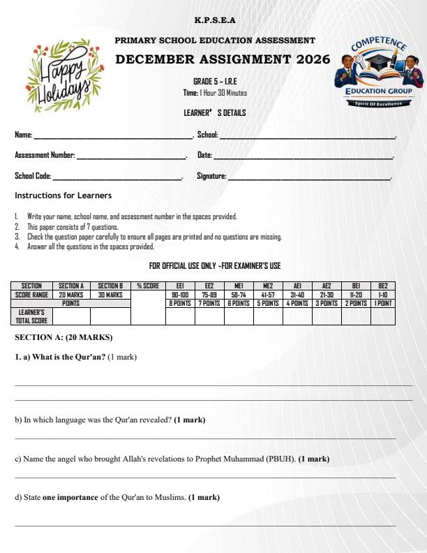 Page 1 – Grade 5 Islamic Religious Education December 2026 Holiday Assignment – Kenyaplex