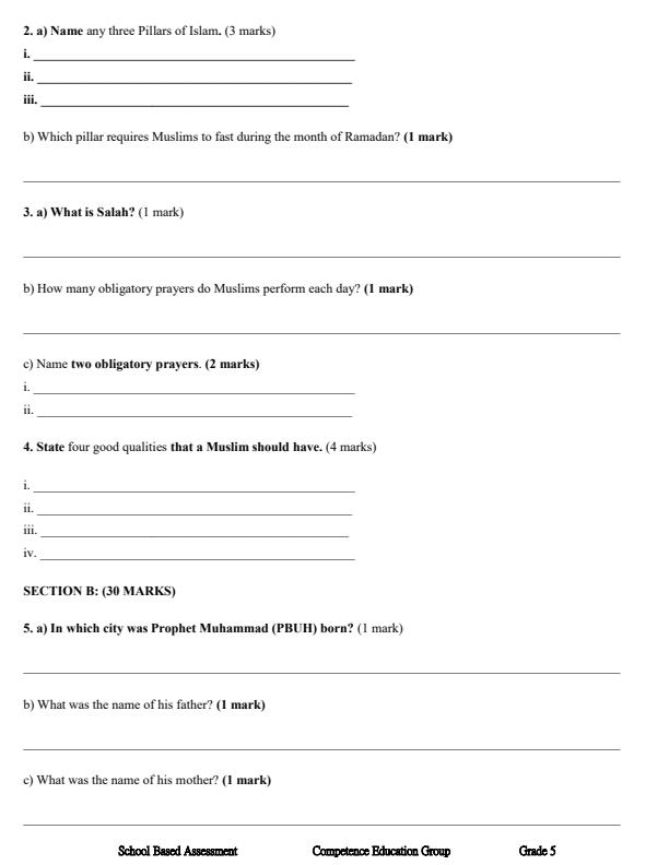 Page 2 – Grade 5 Islamic Religious Education December 2026 Holiday Assignment – Kenyaplex