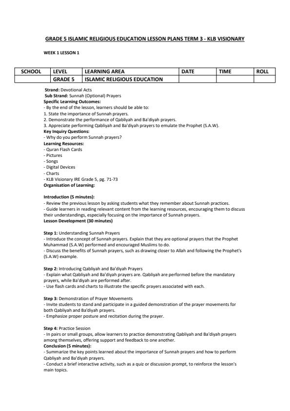Page 1 – Grade 5 Islamic Religious Education Lesson Plans Term 3 - KLB Visionary – Kenyaplex