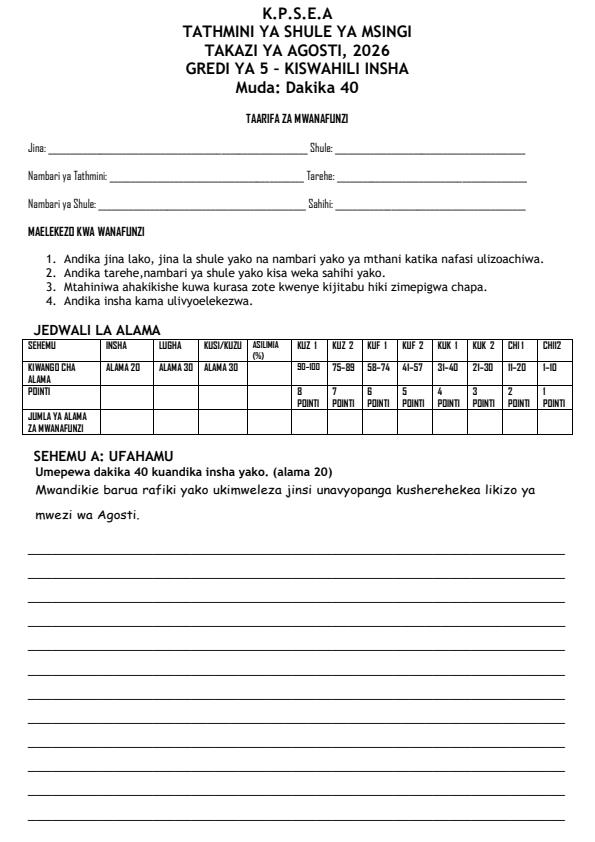 Page 1 – Grade 5 Kiswahili - Insha August 2026 Holiday Assignment – Kenyaplex